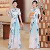 Платье ципао в ретро китайском национальном стиле с принтом ао дай 2025: Короткий рукав, длинный дизайн для женщин