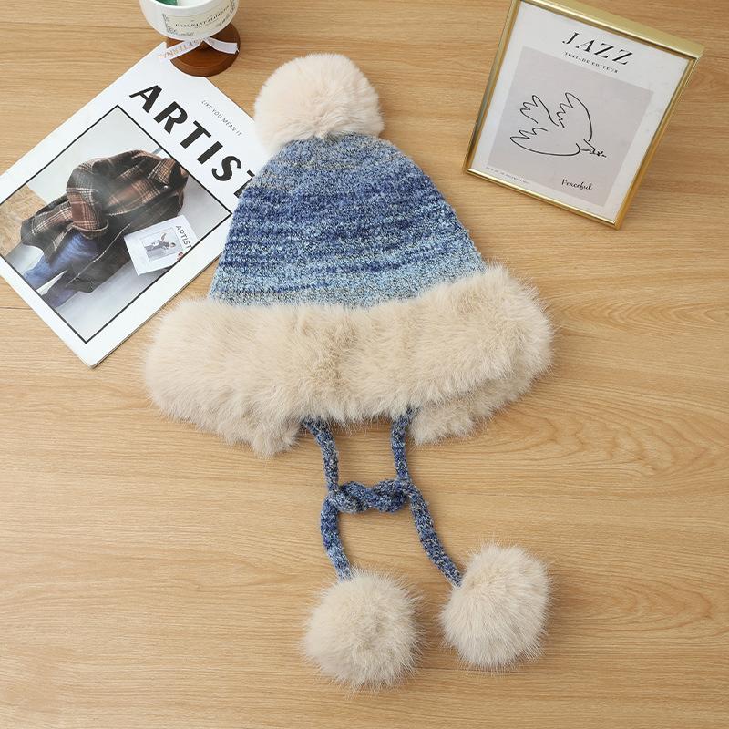 Winter Hat Women's Retro Knitted Hat Fleece Thickened Ear Protection Cold Wool Hat Cute Hairball with Hat