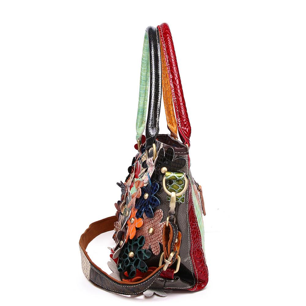 Женская сумка на одно плечо из натуральной кожи, змеиная кожа, разноцветные цветы, контрастные заклепки, мода
