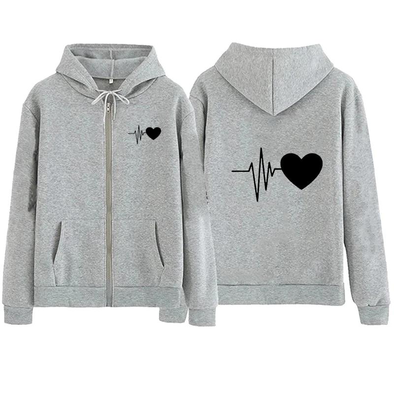 Women Heartbeat Printed Zipper Hoodie Autumn Winter Women Outdoor Sports Fashion Simple Long Sleeve Fleece Sweatshirts
