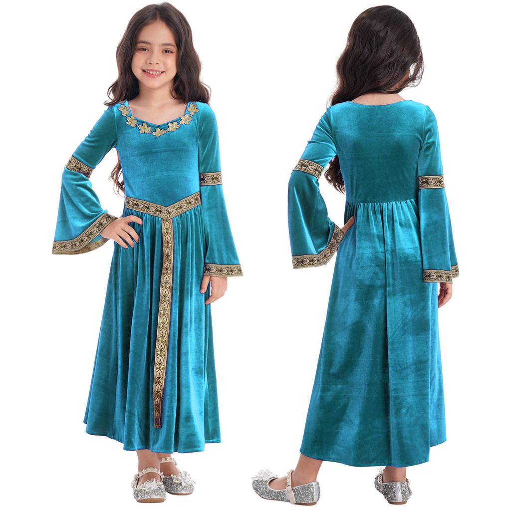 Kids Girls Stylish Medieval Princess Long Flare Sleeve Vintage Pattern Dress