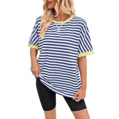 Женская летняя повседневная полосатая футболка с цветными блоками и круглым вырезом, с рукавами «летучая мышь»
