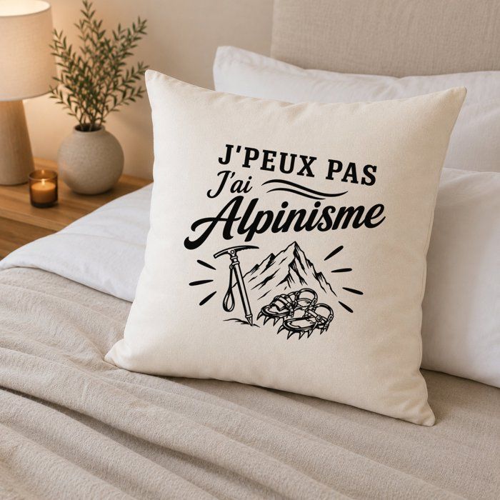 Housse de Coussin J’peux pas j’ai Alpinisme J'peux pas minimaliste | Coton Canvas Fairtrade 305 g/m² Zip Invisible Taille 40×40 cm
