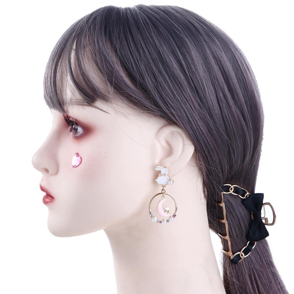 Sweet Personality Girl Moon Korean Asymmetric Earrings Rabbit Drop Earrings Anti Allergy Enamel