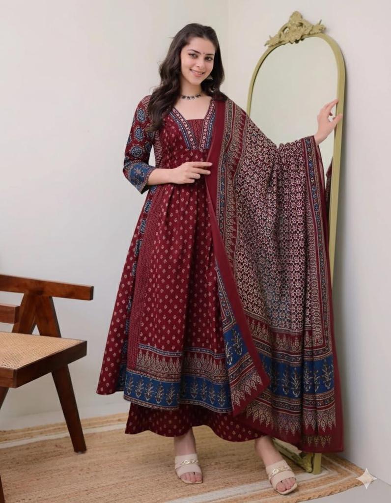 Women's Designer Party Wear Rayon Printed Anarkali Kurta and Pant with Dupatta Set Salwar Suit