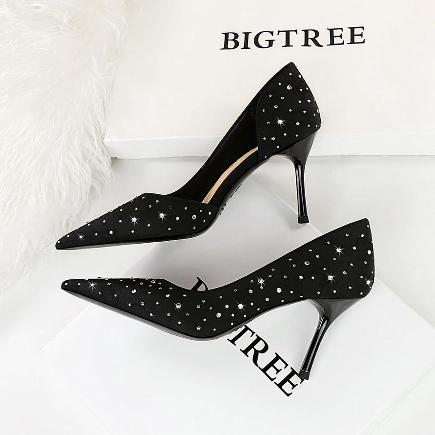 Женские модные туфли на высоком тонком каблуке для банкетов, с острым носком и с острым носком по бокам, с полыми водными бриллиантами, одинарные туфли