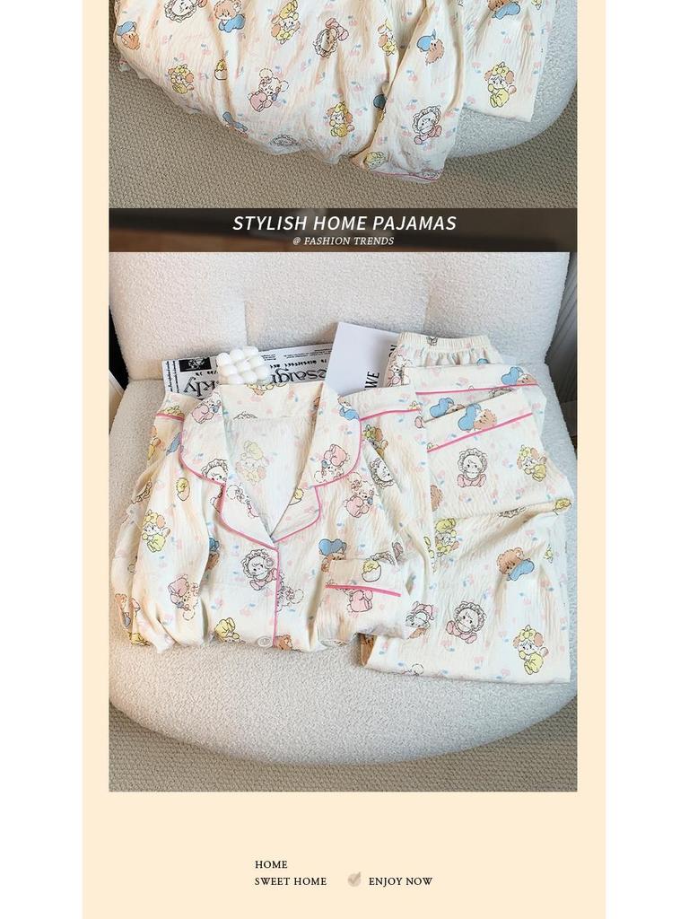 Милый пижамный комплект с принтом кота в японском стиле с длинными рукавами из хлопка для женщин - Весна/Осень