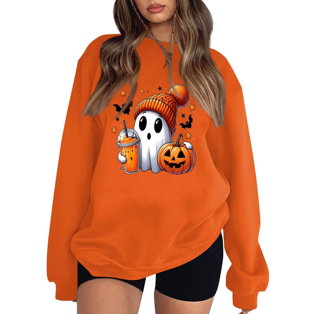 Women's Round Neck Long Sleeve Pullover Halloween Printed Top Sweatshirt
