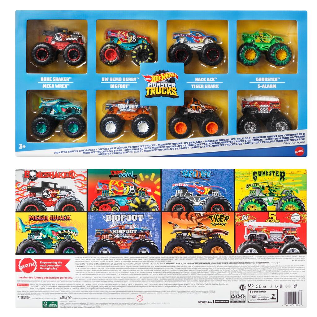 Hot Wheels Monster Trucks 8-Pack, 164 Scale Die-Cast Set (Bone Shaker, Bigfoot, Race Ace, and More) for Kids 3 Plus