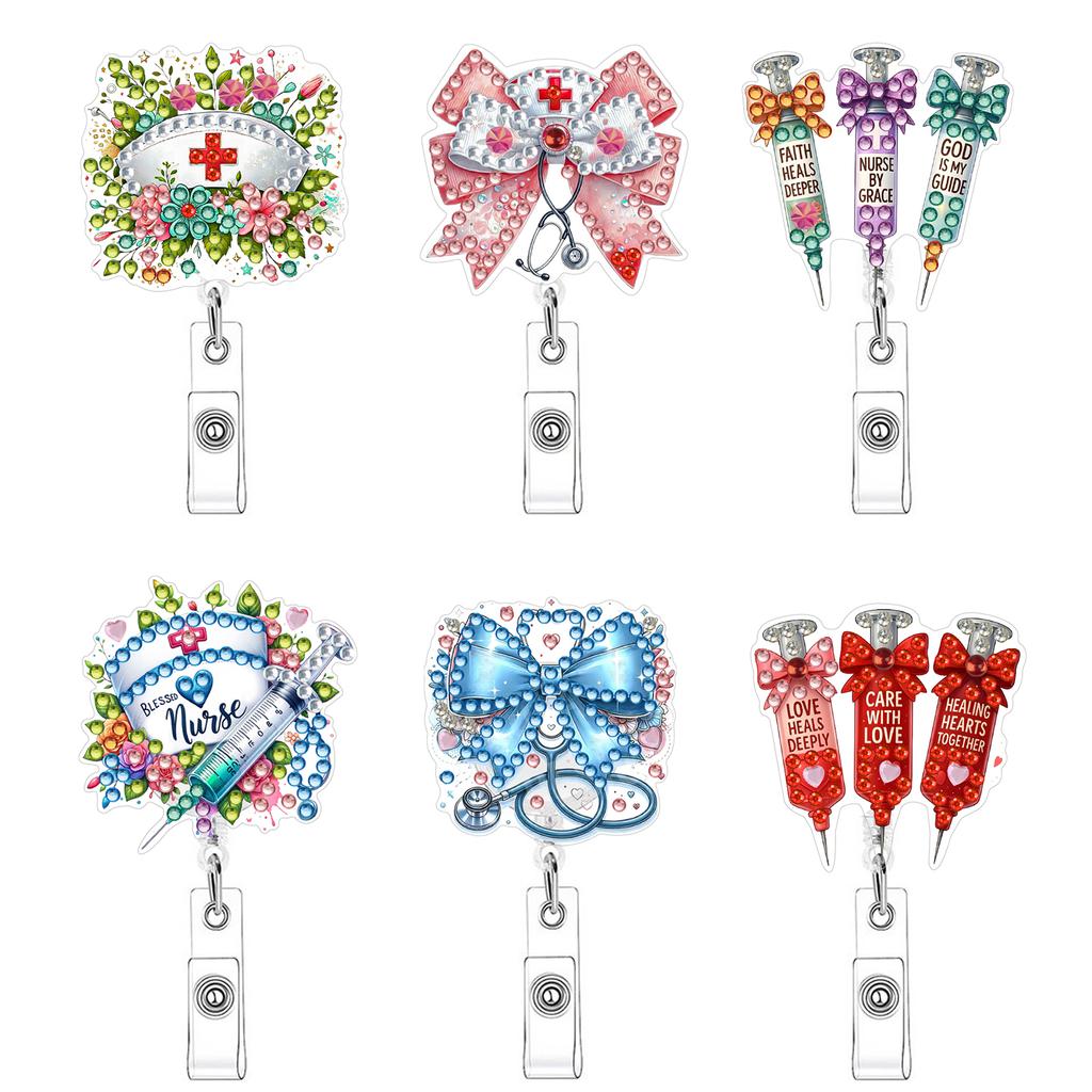 6Pcs DIY Diamond Painting ID Holder Retractable Decorative Work Badge Holder Sparkly Gem Art Name Tag for School Hospital Doctor