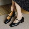 Temperament High Heels Square Head Thick Heel Light Mouth Single Shoes Spring New French Retro Mary Jane Women's Shoes