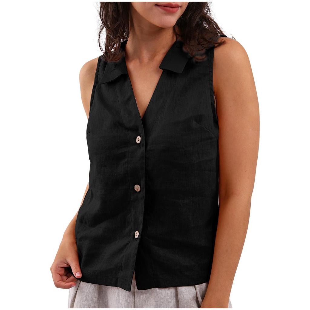 Women's Fashion Loose Solid Color Cotton And Linen Buttoned Lapel Vest Casual Shirt Top