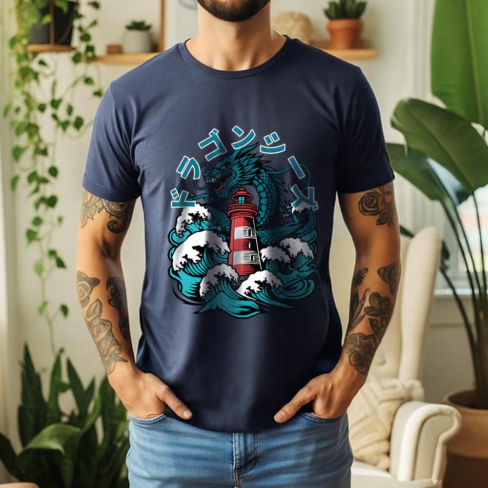 2026 Summer Unisexs Japanese Dragon Lighthouse Graphic Oversize Tee 100 Cotton UkiyoE Short Sleeve