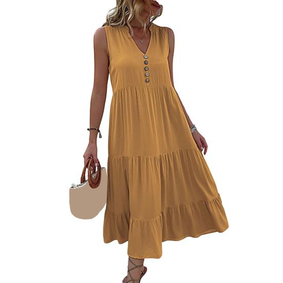 Женское летнее платье с V-образным вырезом без рукавов в стиле пэчворк, трапециевидный подол, чистый цвет, декор на пуговицах, большие качели, мягкое платье до середины икры для отдыха, пляжное платье миди