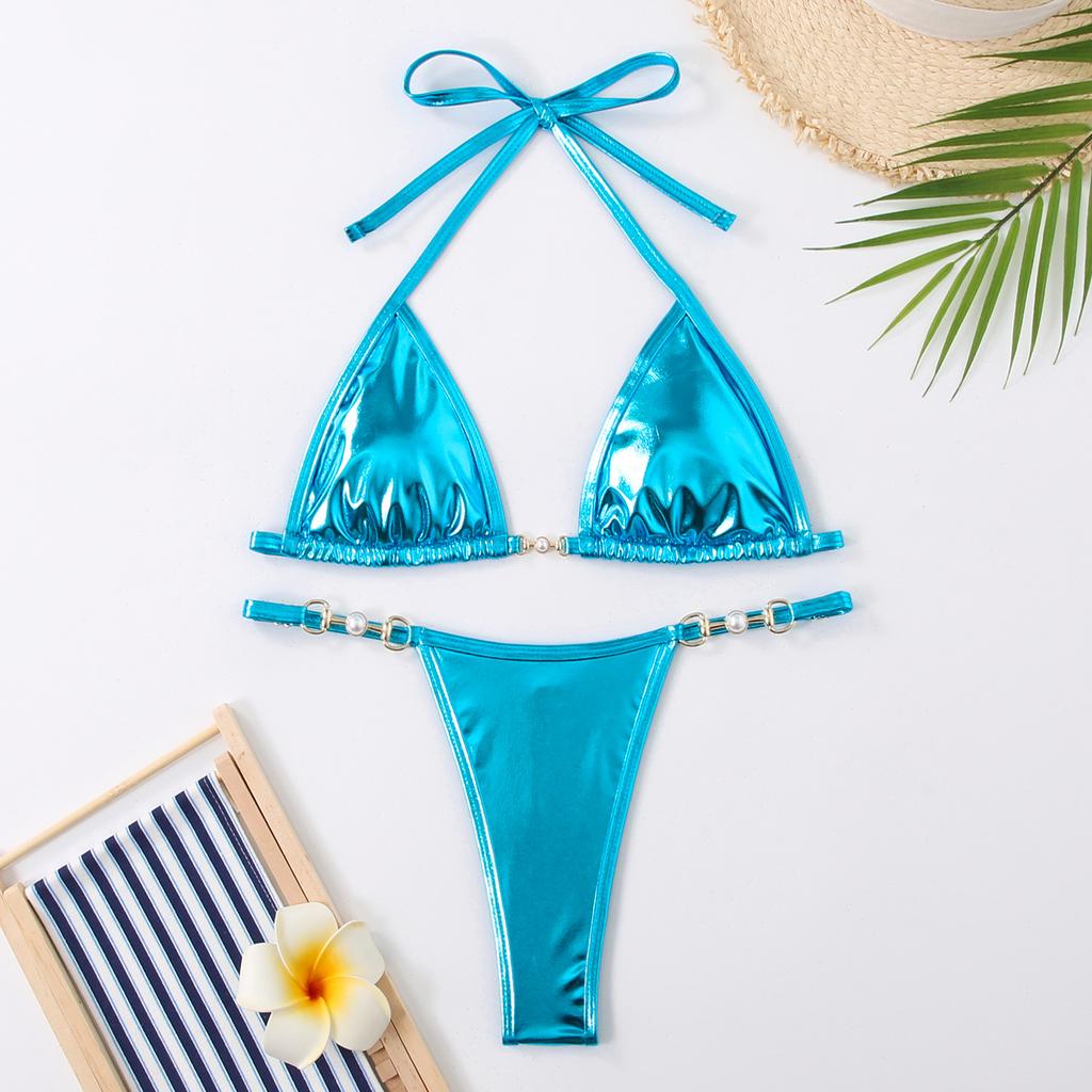 1011 new European and American sexy bikini women's split strap bright solid color swimsuit wholesale
