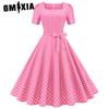 Vintage Women's Style Square Collar Short Sleeve Polka Dot Print Waist Swing Dress
