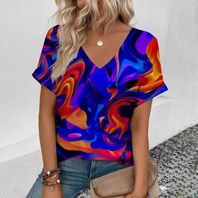 Летняя удобная женская футболка с модным геометрическим принтом в виде 3D-чернил, элегантная футболка с V-образным вырезом, повседневная женская футболка