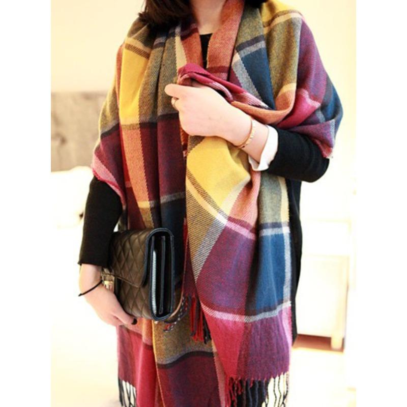 Autumn and Winter Dual-purpose Women's Imitation Cashmere Tassel Super Long Thickened Warm Color Plaid Scarf Shawl