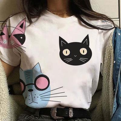 Футболка высокого качества с круглым вырезом и коротким рукавом с принтом кота, летняя уличная модная футболка, повседневная и удобная женская футболка