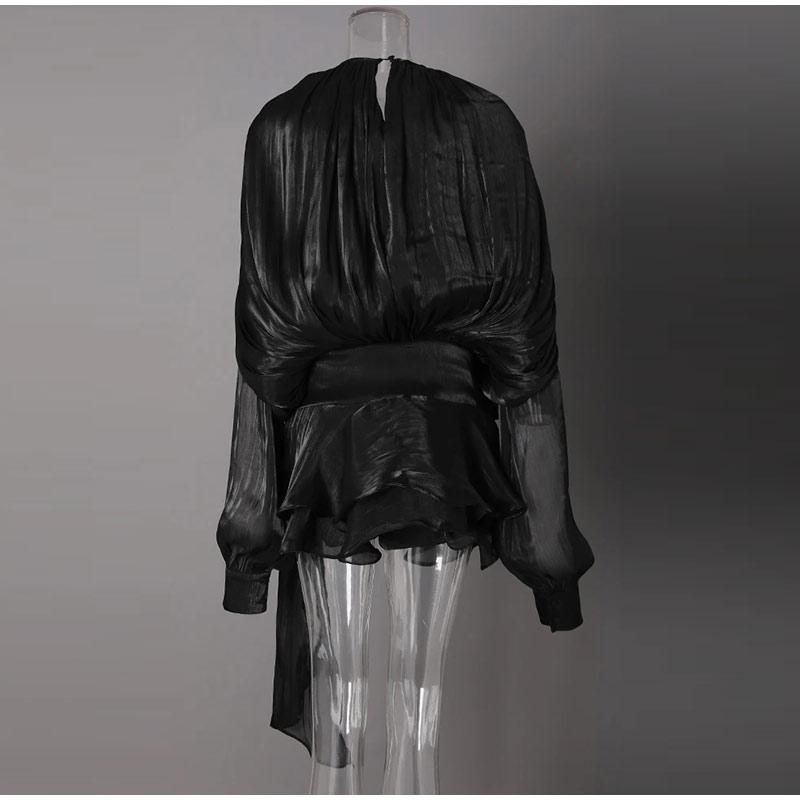 Элегантное женское платье на шнуровке, рукав-фонарик, V-образный вырез, свободное, мини, женские платья, однотонное, блестящее платье для леди