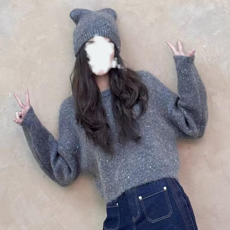 Women's Gray Glitter Knit Sweater - Autumn/Winter Cozy Layer
