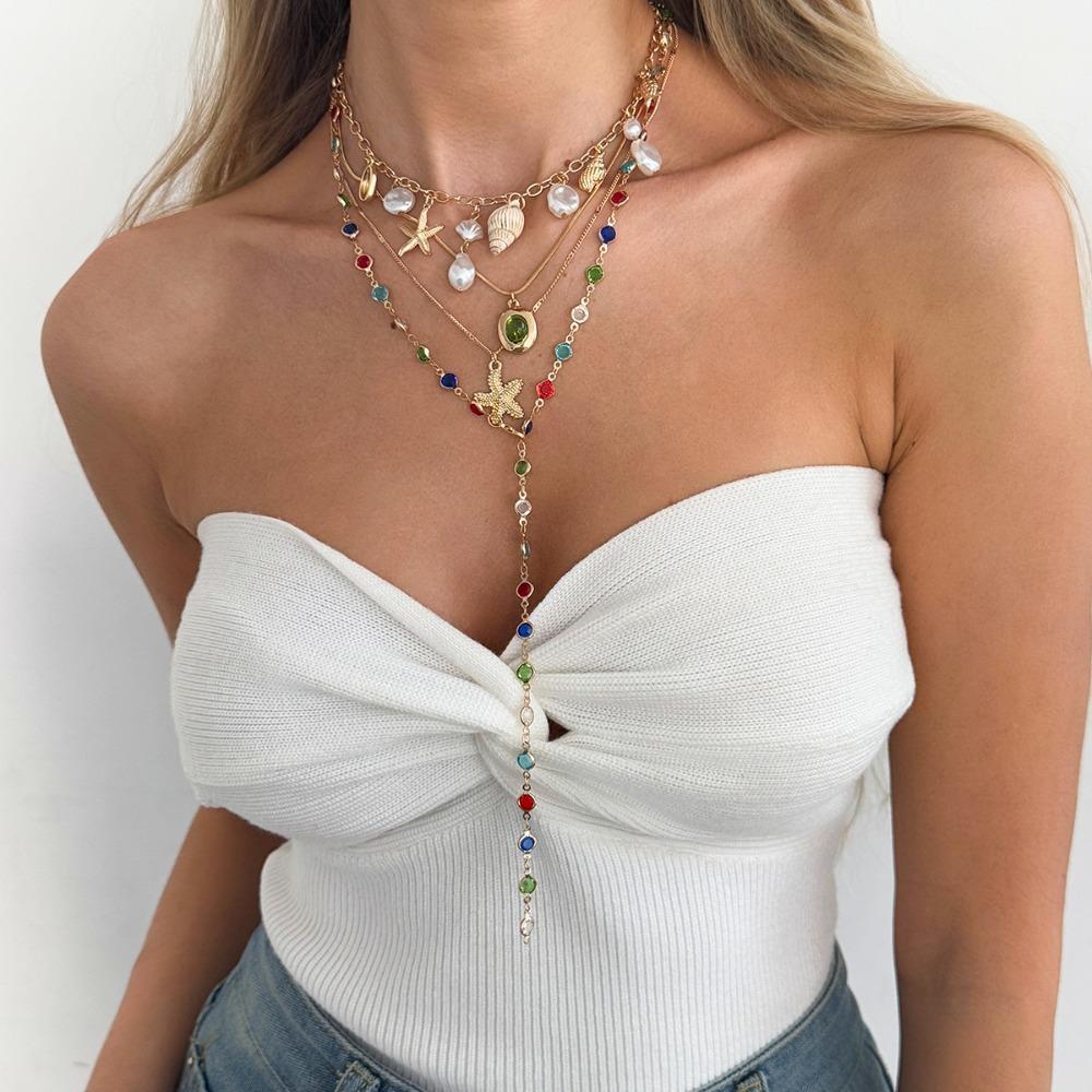 Cross Colorful Crystal Necklace Set Y-Shaped Beads Chain Choker Sea Beach Jewelry