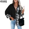 Женская мода повседневная весна осень клетчатый принт длинный рукав воротник поло блузки и рубашки
