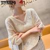 V-neck Hook Flower Hollow-out Knit Women's Loose Thin Spring Breathable Casual Blouse Pullover Bat Shirt Short Top