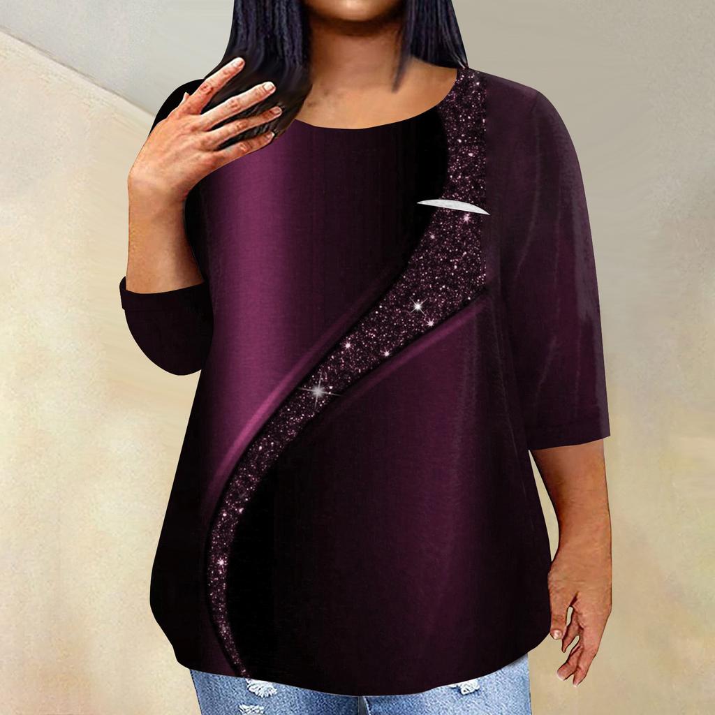 Women's Fashionable Casual Three Quarter Sleeve Printed Round Neck Pullover 4/3 Sleeve Top