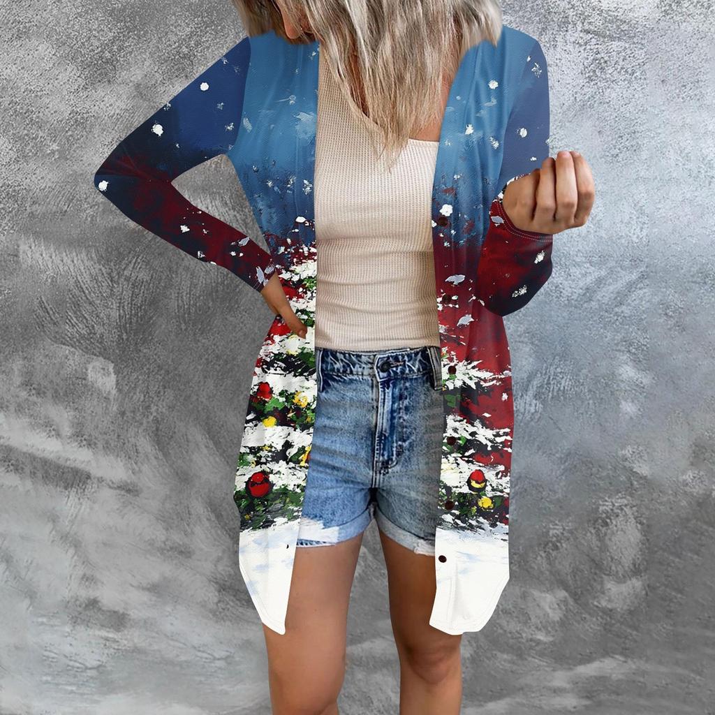 Women's Fashion Casual Long-sleeved Print Medium Length Cardigan Button Jacket Coat