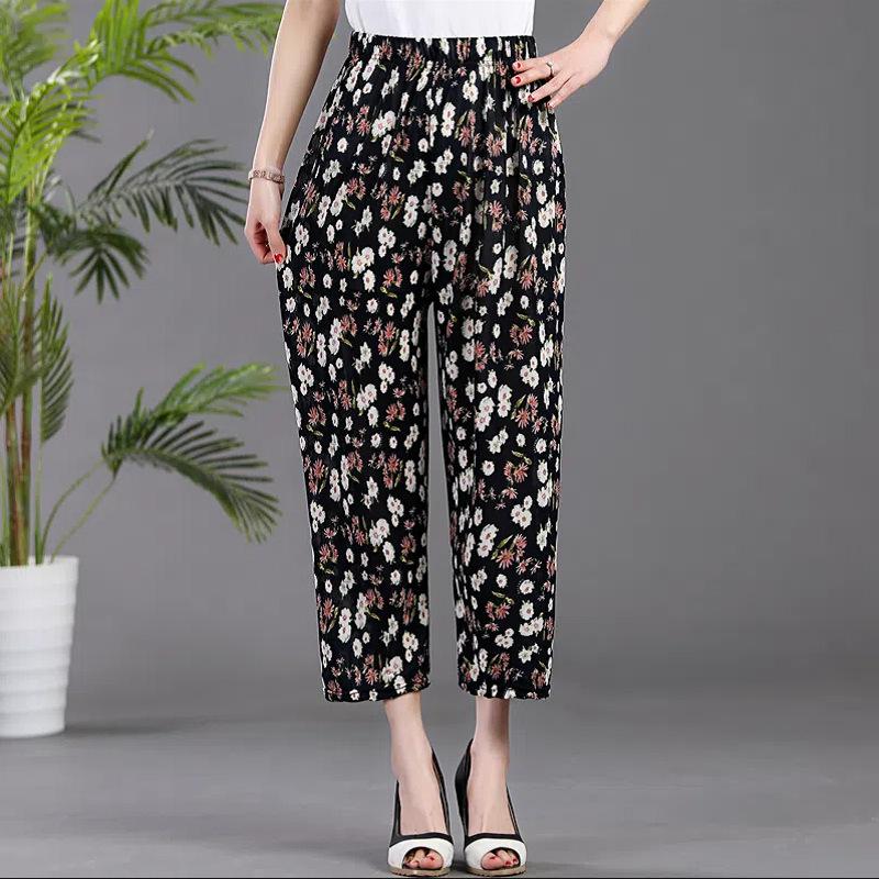 Summer Middle-aged and Elderly Women's Pants Ice Silk Cool Pants Loose Plus Size Floral Pants Elastic Waistband Cropped Pants Casual Pants