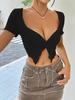 2026 Elegant Woman Sexy Hottie Design Chest Twist Ruffle Deep Solid Color V-Neck Short Top