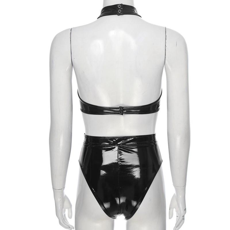 Женское нижнее белье с мокрым эффектом, без рукавов, с лямкой на шее, с открытой грудью, укороченный топ с высоким вырезом и поясом на молнии спереди, трусы для вечеринок и клубов