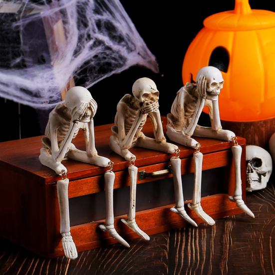 Украшения в виде скелета на Хэллоуин, сидящие фигурки черепов из смолы, подвижные суставы, статуэтки из костей скелета, реалистичное украшение для дома, книжной полки, стола