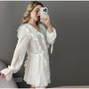 Elegant Ruffles Mini Dress Women V Neck Hollow Out Lace Up Long Sleeves Lace Dresses  Solid Color High Waist Dress