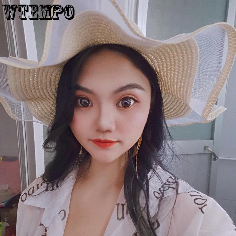 WTEMPO Соломенные шляпы с жемчугом, женские летние пляжные пляжные солнцезащитные козырьки для отдыха, солнцезащитный крем, сандалии с большими полями, однотонные солнцезащитные шляпы