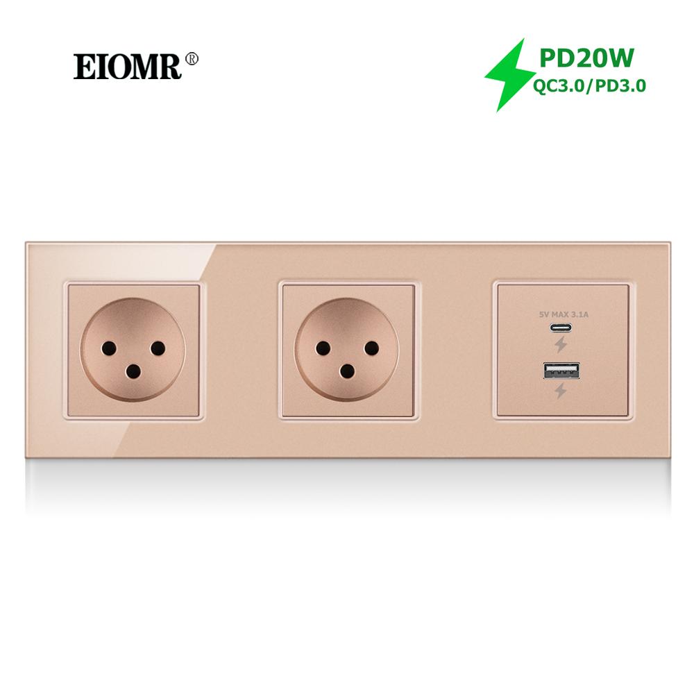 EIOMR Израиль Розетка-выключатель для стены, 16А, Панель из золотого хрустального стекла, Порт USB Type-C PD 20W для Дома, Офиса, Кухни