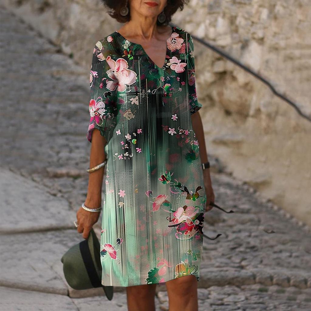 Women's Summer Casual Fashion Five-quarter Sleeve Printed V-Neck Loose Mid-Length Dress