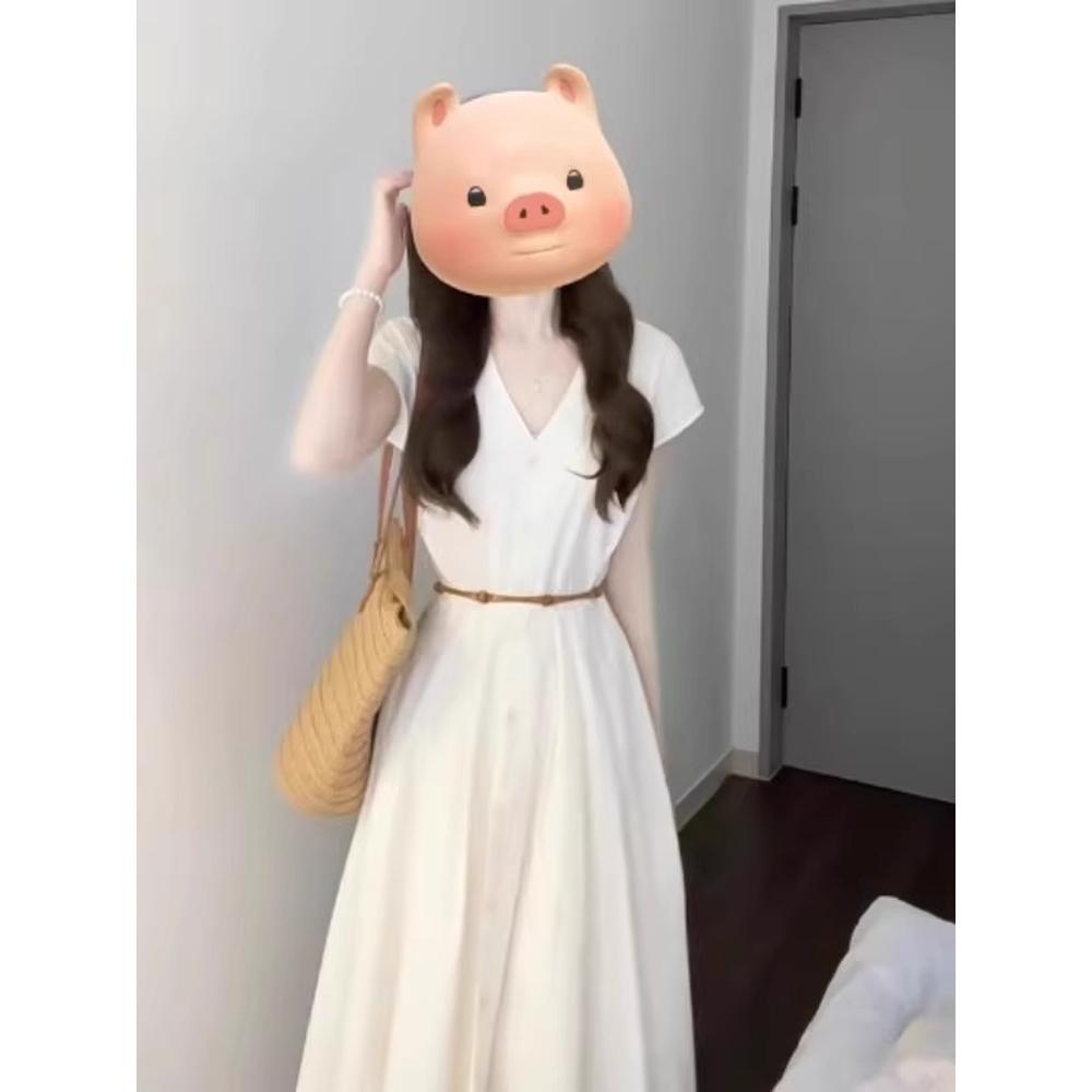 Абрикосовое платье летнее повседневное новое популярное носить с поясом рубашка V-образный вырез маленькое платье с темпераментом