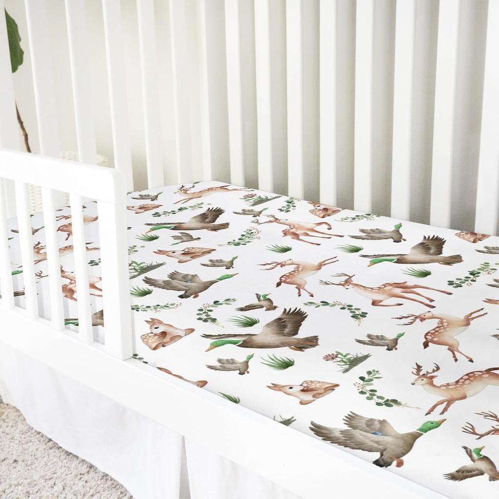 Woodland Wild Animals Hunting Crib Sheets for Girls and Boys 52"x28" Hunting Deer Duck Leaves Crib Mattress Sheet Soft Breathable Nursery Bed Sheet