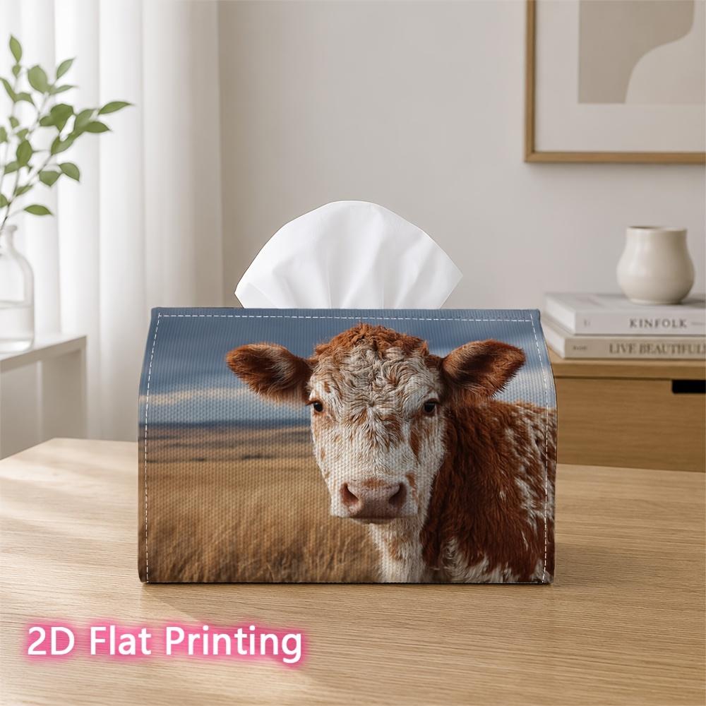 1pc 2D Flat Printed 17.78X10.92X12.95 cm Tissue Box Brown White Spotted Cow Grassland Portrait Suitable for Home, Office, Vehicle, And Party Settings