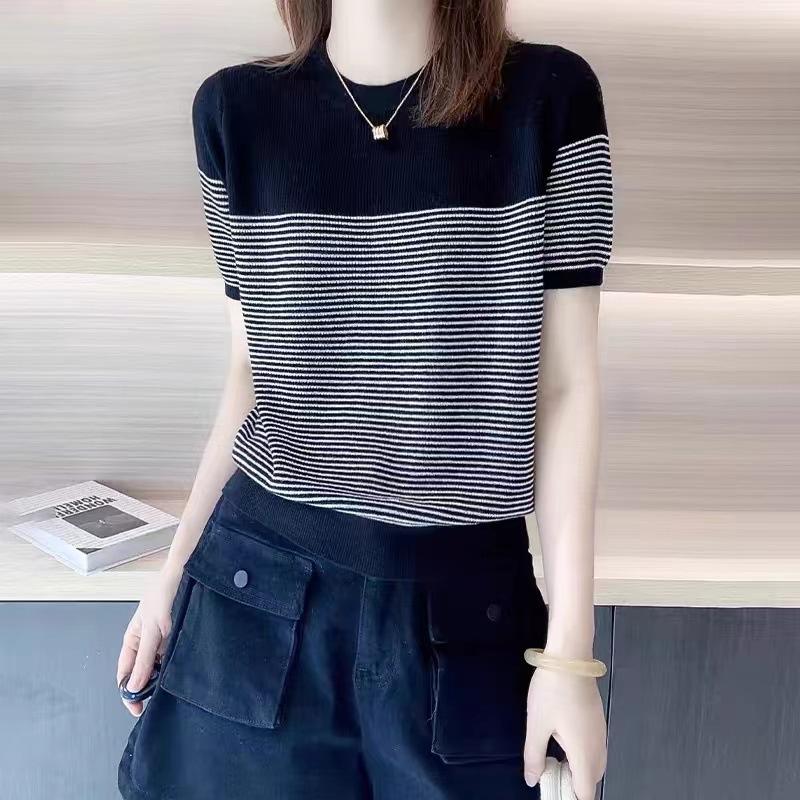 Women Summer T Shirt Vintage Striped Short Sleeve Korean Fashion Round Neck Patchwork Tunics Casual Knitted