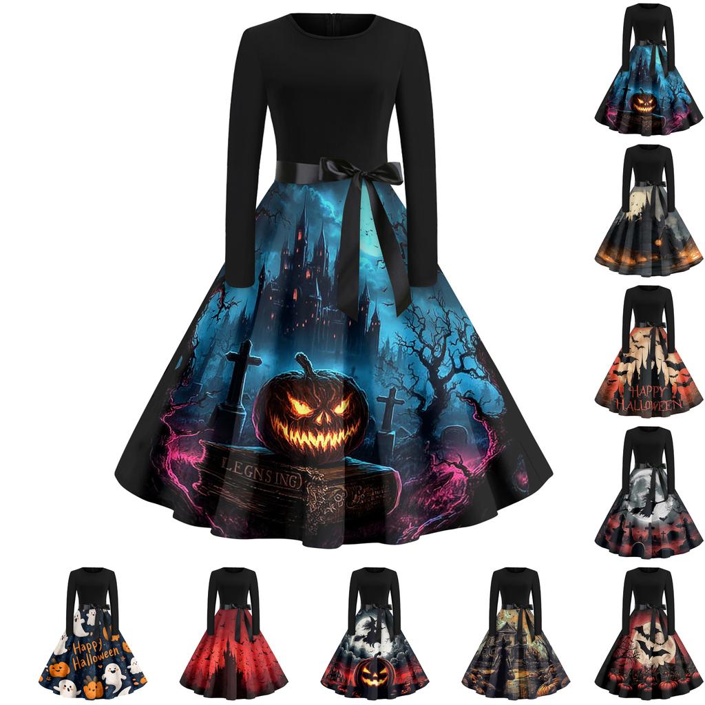 Women's Casual Fashion Round Neck Halloween Printed Vintage Dress