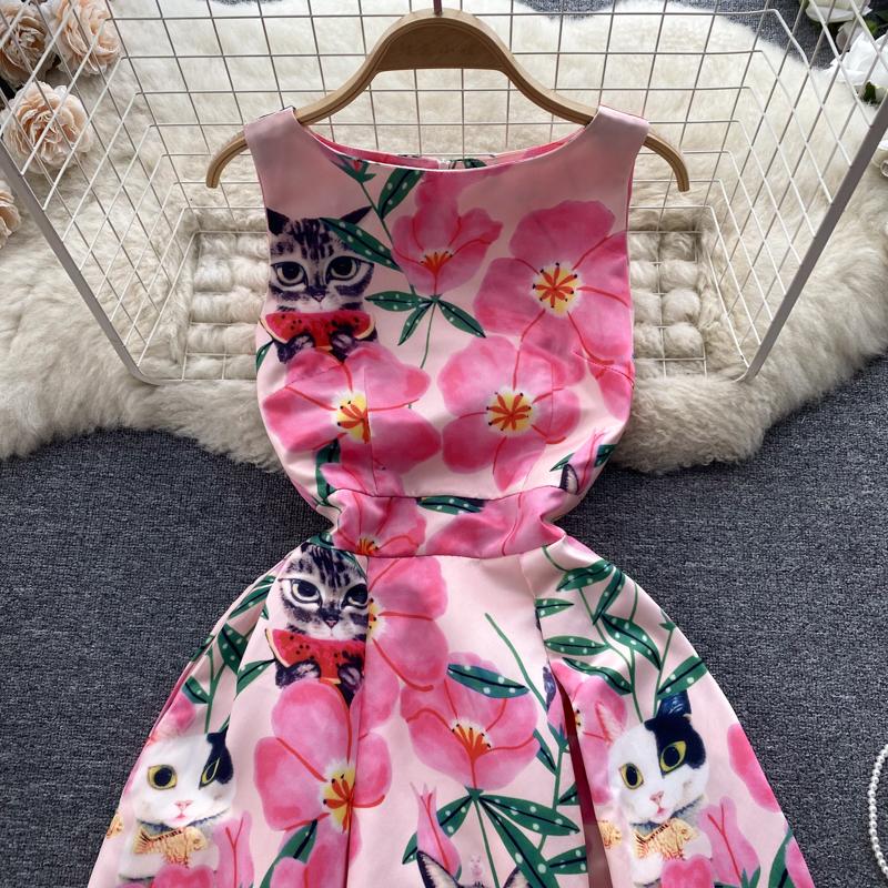 Женское платье-майка с цветочным принтом, элегантное модное летнее платье трапециевидной формы с круглым вырезом без рукавов и высокой талией, вечернее платье-майка для взлетно-посадочной полосы