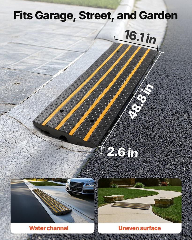 Car Driveway Rubber Curb Ramp, 15 Tons Load Capacity, 66 mm Rise Curbside Bridge Ramp with Yellow Reflective Strips, Suitable for Loading Dock,