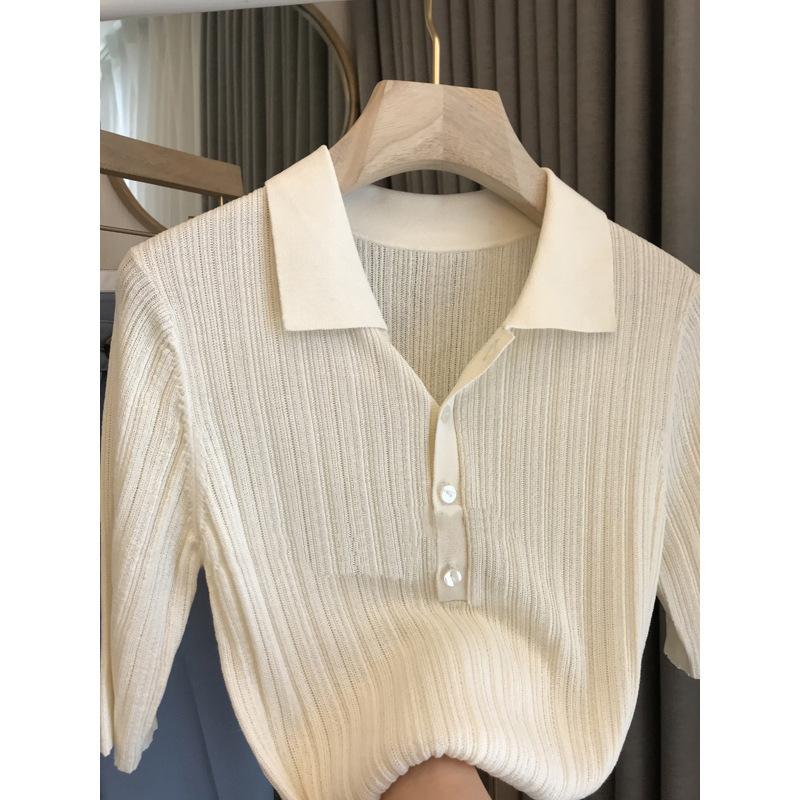 Summer Linen Tencel Breathable Cool French Polo Lapel Thin Knitted Shirt Women