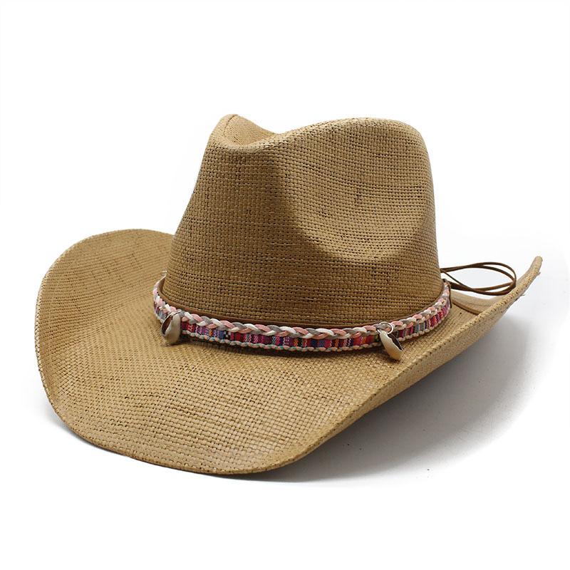 Соломенная шляпа из плетеной джинсовой ткани с широкими полями, летняя соломенная шляпа с полыми полями, этническая соломенная шляпа с закругленными полями и узором в виде ракушки