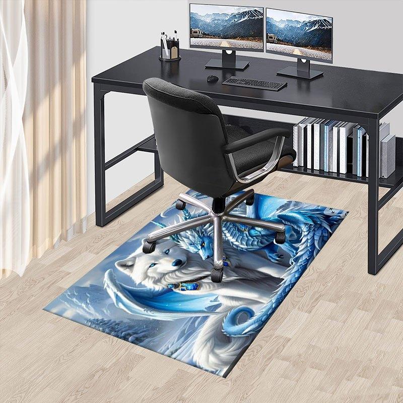 "Snow Wolf and Ice Dragon Fantasy Art Print"Office Mat Perfect for Home Decor Office Desk Chair Rugs Chair Carpet for office Polyester Chair