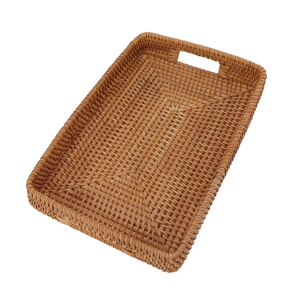 Serving Basket Tray with Handles Rattan Rectangle Large Capacity Durable Decorative Tray for Fruits Dessert Kitchen