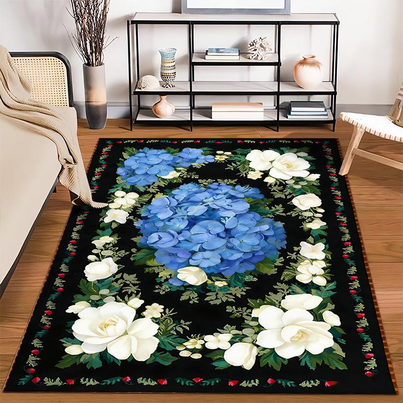 Floral Carpet with Blue Hydrangeas and White Roses on Black Background Suitable for use as an anti-slip for living room bedroom sofas